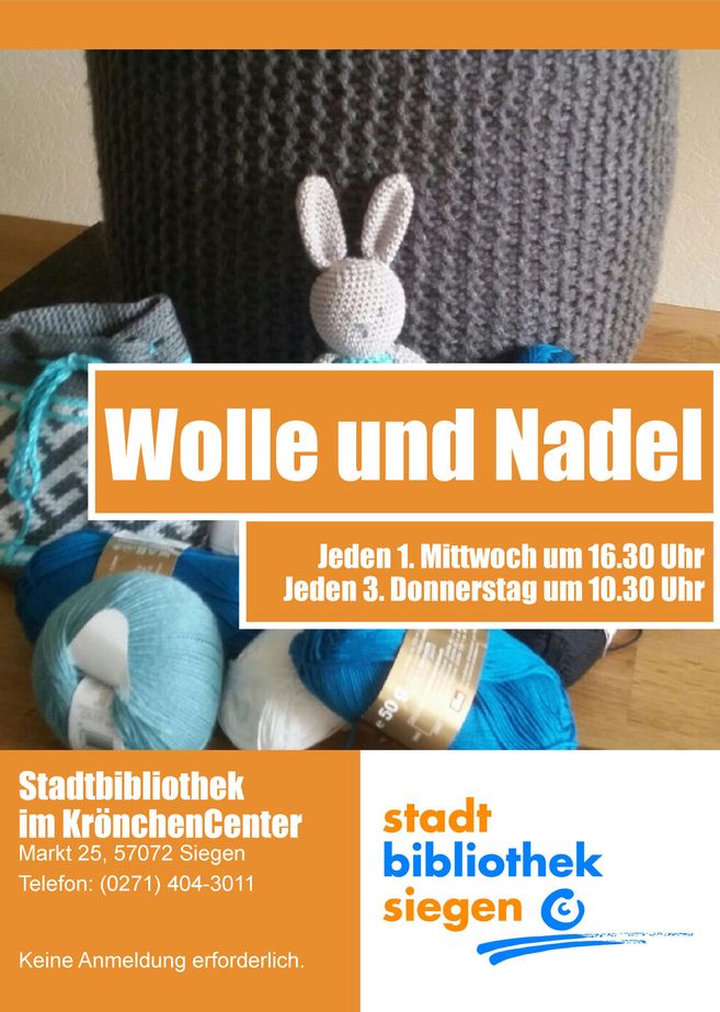 Plakat zur Veranstaltung "Wolle&Nadel" in der Stadtbibliothek